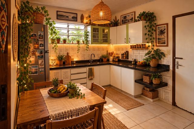 Cozinha com luminária de bambu, plantas na janela, quadros de praia e passadeira de fibra