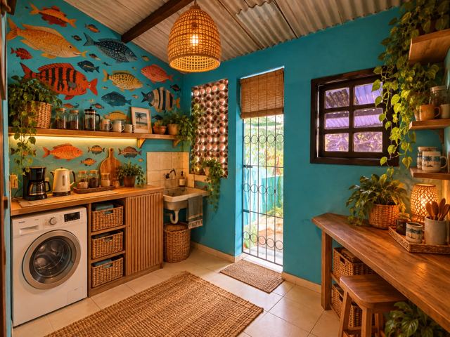 Lavanderia azul-turquesa com peixes pintados na parede, cestos de palha e tapete de fibra