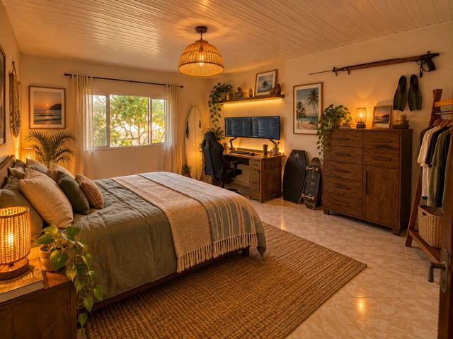 Quarto de casal com cama de madeira, roupa de cama verde-oliva, tapete de juta e quadros do mar