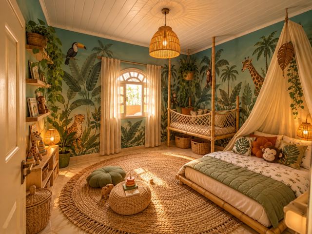 Quarto infantil com parede de selva, cama de bambu, tapete redondo de fibra e cestos de brinquedo