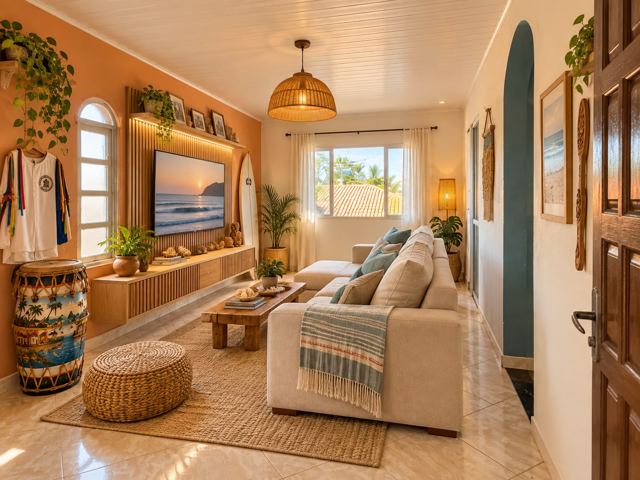 Sala de estar com sofá bege, puff de palha, tapete de juta e prancha de surf