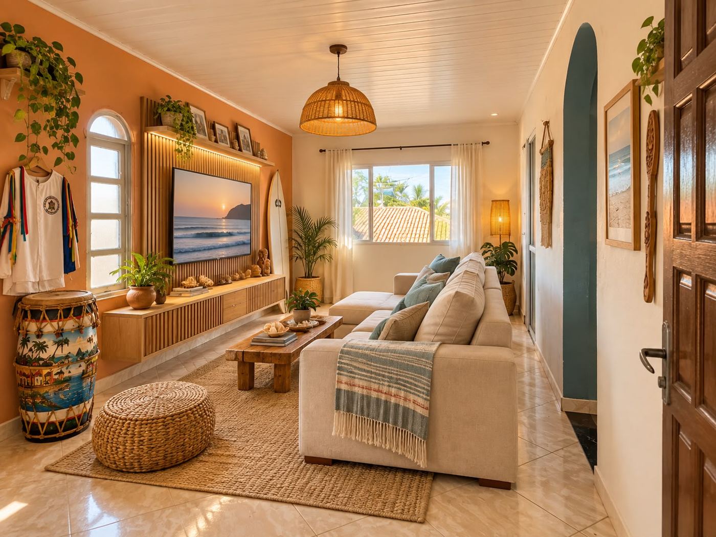 Sala de estar com sofá bege, tapete de juta, luminária de bambu e prancha de surf apoiada na parede