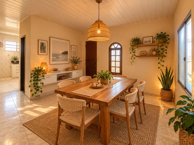 Sala de jantar com mesa de madeira maciça, cadeiras de palha e tapete de juta